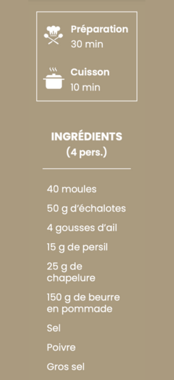 Ingrédient pour une recette de cuisine - Moules farcies et gratinées - 1020 Dégustations